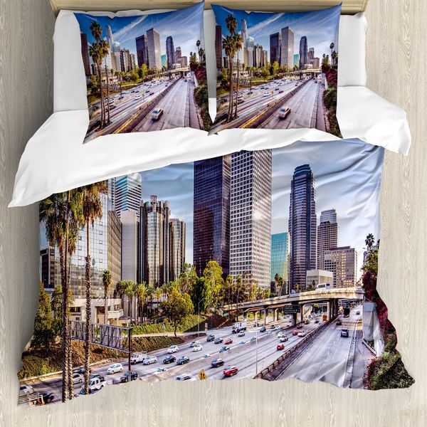 Abakuhaus Copripiumino Da Viaggio, Downtown Los Angeles Usa, Antiacaro, Adatto A Chi Soffre Di Allergie, Con Federe, 200 Cm X 200 Cm - 80 X 80 Cm, Blu, Grigio, Verde-image