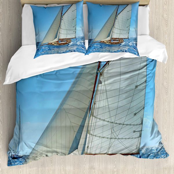 Abakuhaus Copripiumino Nautico, Regata Di Barche A Vela, Antiacaro, Adatto A Chi Soffre Di Allergie, Con Federe, 155 Cm X 220 Cm - 80 X 80 Cm, Blu, Bianco, Marrone-image