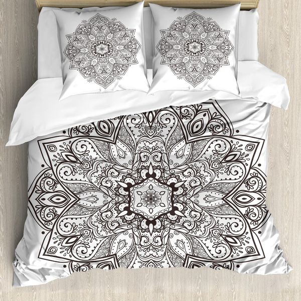 Abakuhaus Set Copripiumino Mandala Per Letti Matrimoniali, Stile Psichedelico Orientale, Antiacaro, Adatto A Chi Soffre Di Allergie, Con Federe, Bianco E Nero-image