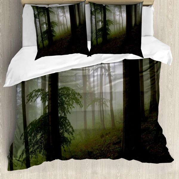 Abakuhaus Copripiumino Wald, Mysterious Woods Foggy, Antiacaro, Adatto A Chi Soffre Di Allergie, Con Federe, 155 Cm X 220 Cm - 80 X 80 Cm, Bianco Verde Marrone-image