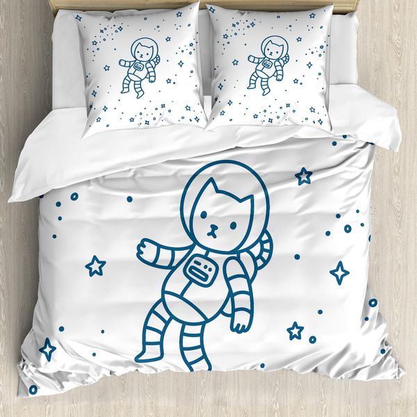 Abakuhaus Copripiumino Per Gatti, Gatto Astronauta Nello Spazio, Antiacaro, Adatto A Chi Soffre Di Allergie, Con Federe, 200 Cm X 200 Cm - 80 X 80 Cm, Blu Scuro-image