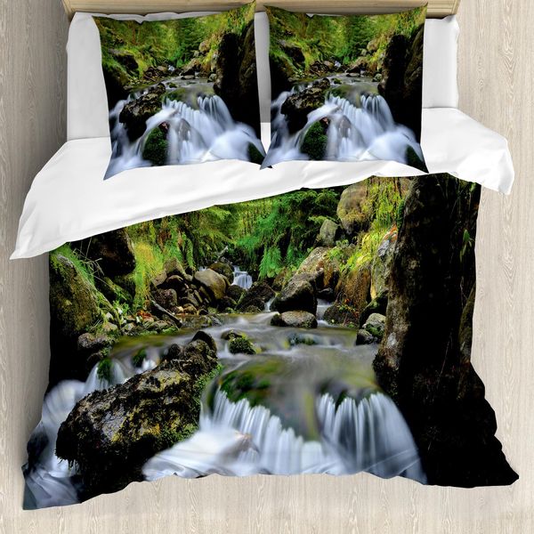 Abakuhaus Set Copripiumino Per Letti Matrimoniali, Nationalpark-Kaskade, Antiacaro, Adatto A Chi Soffre Di Allergie, Con Federe, Verde Felce, Grigio Scuro, Bianco-image