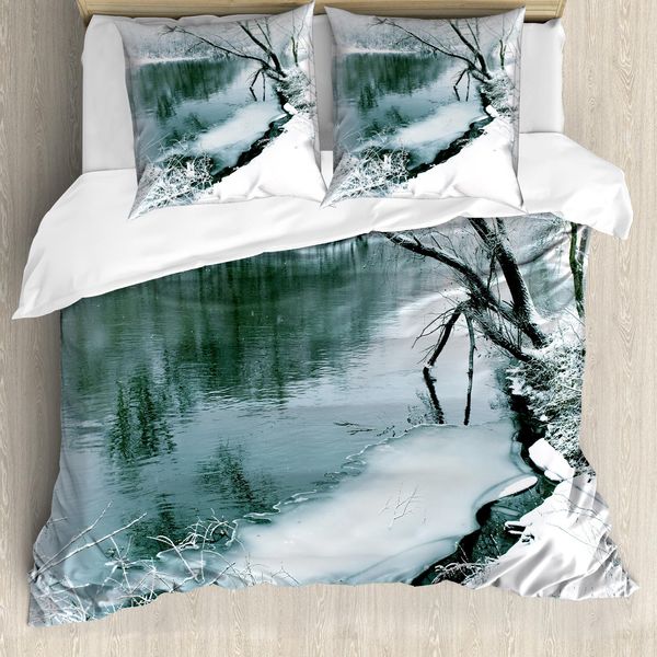 Abakuhaus Copripiumino Naturale, Winter Snowy Laub, Antiacaro, Adatto A Chi Soffre Di Allergie, Con Federe, 200 Cm X 200 Cm - 80 X 80 Cm, Turchese Bianco-image