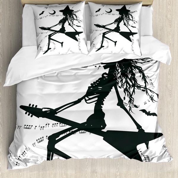 Abakuhaus Copripiumino Musicale, Strega Con Chitarra, Antiacaro, Adatto A Chi Soffre Di Allergie, Con Federe, 155 Cm X 220 Cm - 80 X 80 Cm, Bianco E Nero-image