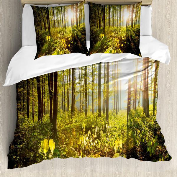 Abakuhaus Copripiumino Wald, Raggi Di Sole Woods Fogliame, Antiacaro, Adatto A Chi Soffre Di Allergie, Con Federe, 200 Cm X 200 Cm - 80 X 80 Cm, Verde, Giallo, Marrone-image