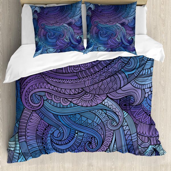 Abakuhaus Copripiumino Astratto, Paisley Ispirato All'oceano, Antiacaro, Adatto A Chi Soffre Di Allergie, Con Federe, 200 Cm X 200 Cm - 80 X 80 Cm, Viola-Blu-image