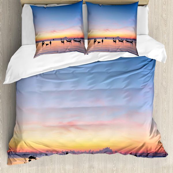 Abakuhaus Copripiumino Fishing, Tramonto Sul Mare Con Barche, Antiacaro, Adatto A Chi Soffre Di Allergie, Con Federe, 200 Cm X 200 Cm - 80 X 80 Cm, Blu, Giallo, Corallo-image