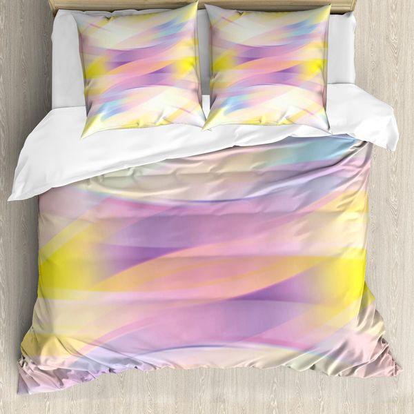 Abakuhaus Set Copripiumino Digitale Per Letti Matrimoniali, Motivo Artistico Sfumato, Antiacaro, Adatto A Chi Soffre Di Allergie, Con Federe, Viola Giallo Pesca-image