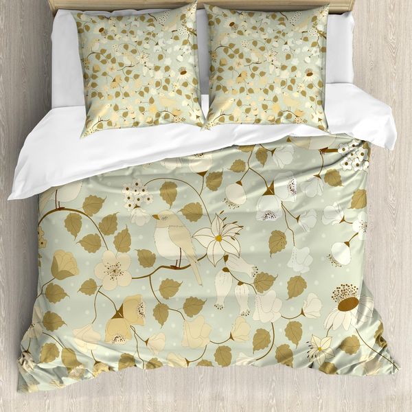 Abakuhaus Copripiumino A Fiori, Motivo Vintage Retrò, Antiacaro, Adatto A Chi Soffre Di Allergie, Con Federe, 200 Cm X 200 Cm - 80 X 80 Cm, Verde Pistacchio E Bianco-image