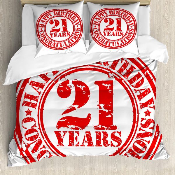 Abakuhaus 21° Compleanno Copripiumino, Buon Compleanno, Antiacaro Adatto A Chi Soffre Di Allergie Con Federe, 155 Cm X 220 Cm - 80 X 80 Cm, Rosso E Bianco-image