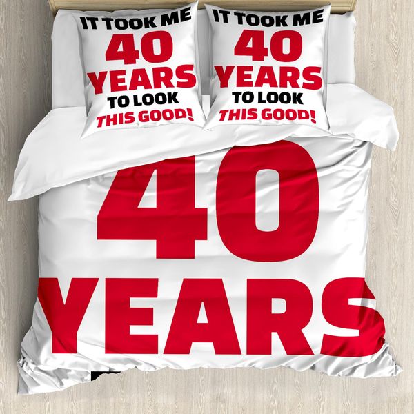 Abakuhaus 40° Compleanno Set Copripiumino Per Letti Matrimoniali, Quaranta Aspetto Gradevole, Antiacaro Adatto A Chi Soffre Di Allergie Con Federe, Corallo Scuro Bianco Nero-image