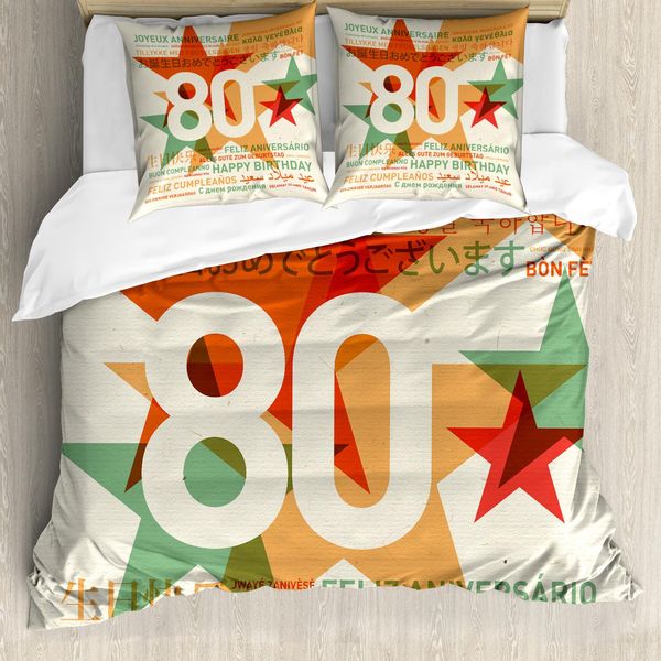 Abakuhaus 80° Compleanno Copripiumino, Mondo Buon Compleanno, Antiacaro Adatto A Chi Soffre Di Allergie Con Federe, 155 Cm X 220 Cm - 80 X 80 Cm, Pale Vermilion E Verde-image