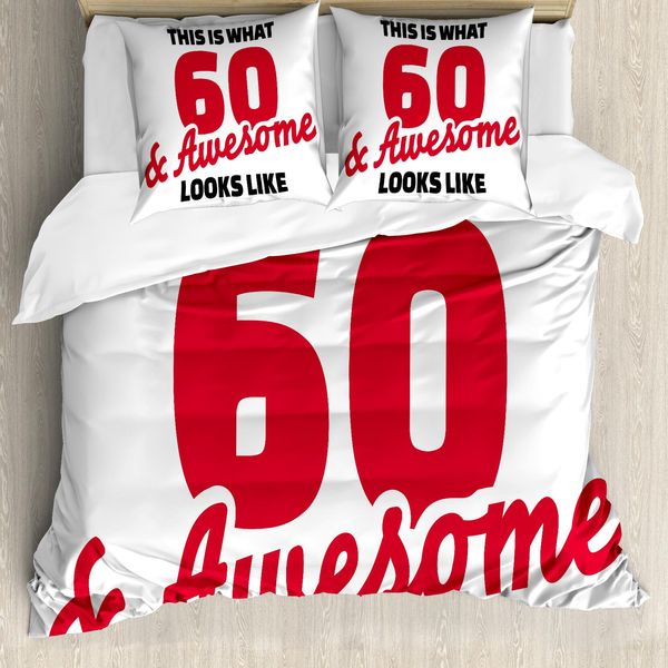 Abakuhaus 60° Compleanno Copripiumino, Parole 60, Antiacaro, Adatto A Chi Soffre Di Allergie, Con Federe, 155 Cm X 220 Cm - 80 X 80 Cm, Rosso, Nero E Bianco-image