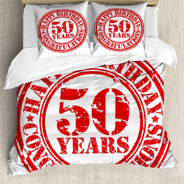Abakuhaus 50° Compleanno Copripiumino, Grunge Compleanno, Antiacaro Adatto A Chi Soffre Di Allergie Con Federe, 155 Cm X 220 Cm - 80 X 80 Cm, Vermilion Bianco-image