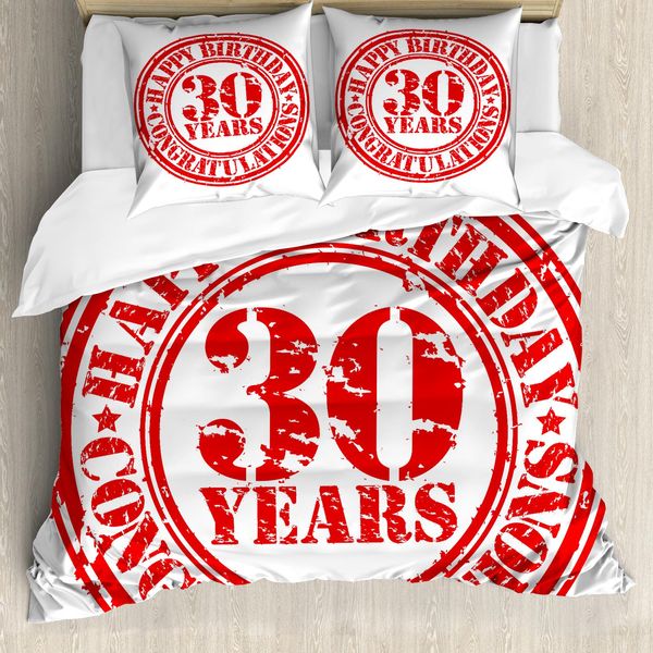 Abakuhaus 30° Compleanno Copripiumino, Timbro Di Compleanno Grunge, Antiacaro, Adatto A Chi Soffre Di Allergie, Con Federe, 155 Cm X 220 Cm - 80 X 80 Cm, Rosso E Bianco-image