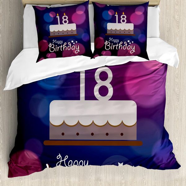 Abakuhaus 18° Compleanno Copripiumino, Torta Di Compleanno Cartoon, Antiacaro, Adatto A Chi Soffre Di Allergie, Con Federe, 200 Cm X 200 Cm - 80 X 80 Cm, Viola E Lilla-image