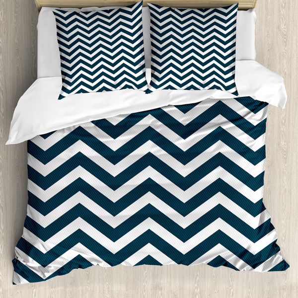 Abakuhaus Copripiumino Blu Navy, Motivo A Zig Zag Chevron, Antiacaro, Adatto A Chi Soffre Di Allergie, Con Federe, 155 Cm X 220 Cm - 80 X 80 Cm, Blu Navy E Bianco-image