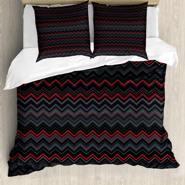 Abakuhaus Copripiumino Rosso E Nero, Motivo A Zig Zag, Antiacaro E Anallergico, Con Federe, 155 Cm X 220 Cm - 80 X 80 Cm, Grigio Antracite Chiaro-image