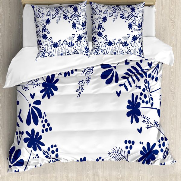 Abakuhaus Copripiumino Marine, Motivi Floreali Botanici, Antiacaro, Adatto A Chi Soffre Di Allergie, Con Federe, 155 Cm X 220 Cm - 80 X 80 Cm, Indaco Bianco-image