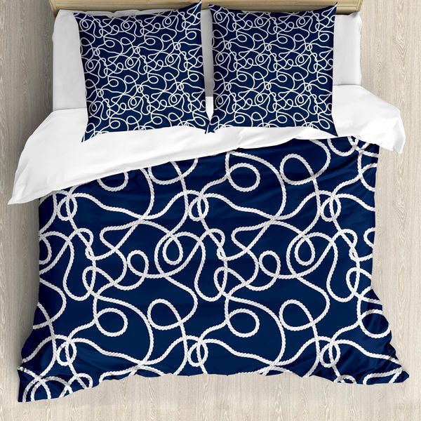 Abakuhaus Copripiumino Blu Navy, Tangled Ocean Marine Ropes, Antiacaro E Anallergico, Con Federe, 200 Cm X 200 Cm - 80 X 80 Cm, Blu Navy E Bianco-image