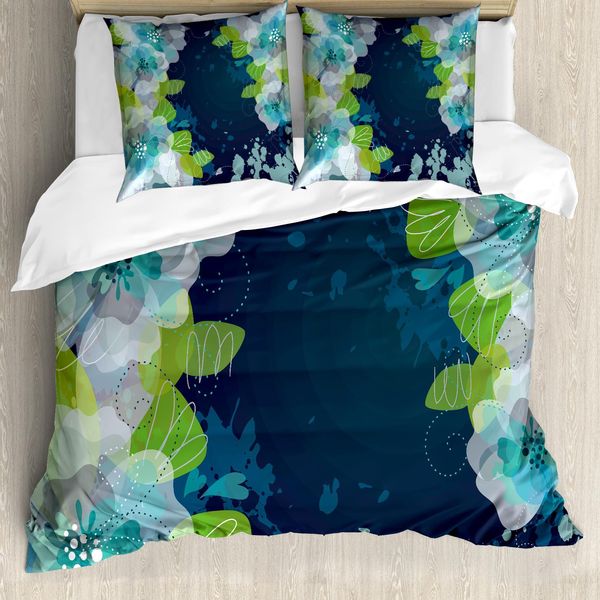 Abakuhaus Copripiumino Blu Navy, Fiori Astratti Grunge, Antiacaro, Adatto A Chi Soffre Di Allergie, Con Federe, 200 Cm X 200 Cm - 80 X 80 Cm, Verde Chiaro Blu Navy-image