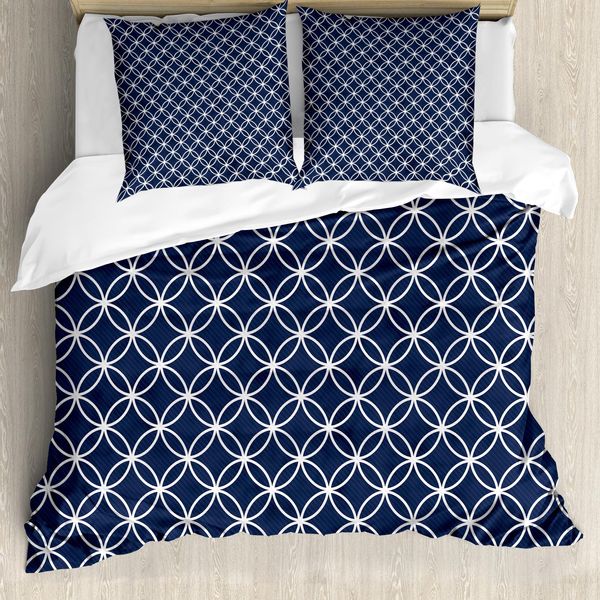 Abakuhaus Copripiumino Indigo, Motivi Circolari Ispirati Al Traliccio, Antiacaro E Anallergico, Con Federe, 155 Cm X 220 Cm - 80 X 80 Cm, Indaco E Bianco-image