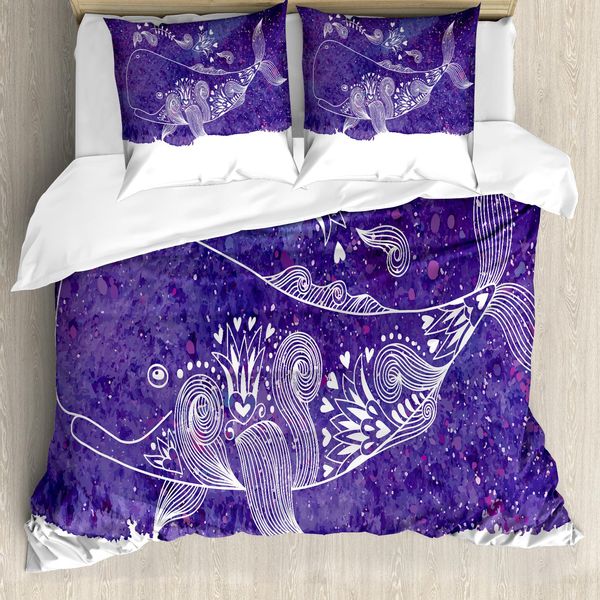 Abakuhaus Copripiumino Wal, Acquerello Pesci Fiori, Antiacaro, Adatto A Chi Soffre Di Allergie, Con Federe, 200 Cm X 200 Cm - 80 X 80 Cm, Viola Bianco-image