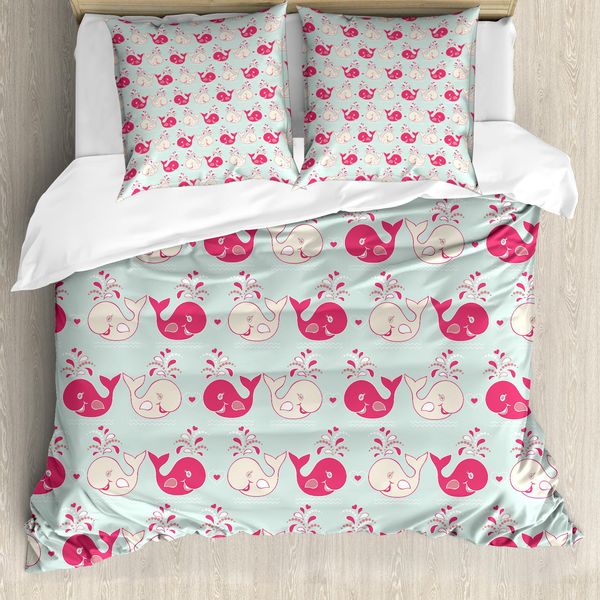 Abakuhaus Copripiumino Wal, Motivo Balene Felici, Antiacaro, Adatto A Chi Soffre Di Allergie, Con Federe, 155 Cm X 220 Cm - 80 X 80 Cm, Menta Rosa Pesca-image