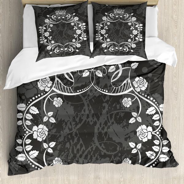 Abakuhaus Copripiumino Matrimoniale, Royal Flora Crown, Antiacaro E Anallergico, Con Federe, 200 Cm X 200 Cm - 80 X 80 Cm, Bianco E Grigio Scuro-image