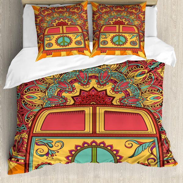 Abakuhaus Set Copripiumino Hippie Per Letti Matrimoniali, Simboli Di Pace E Libertà, Antiacaro, Adatto A Chi Soffre Di Allergie, Con Federe, Senape Multicolore-image