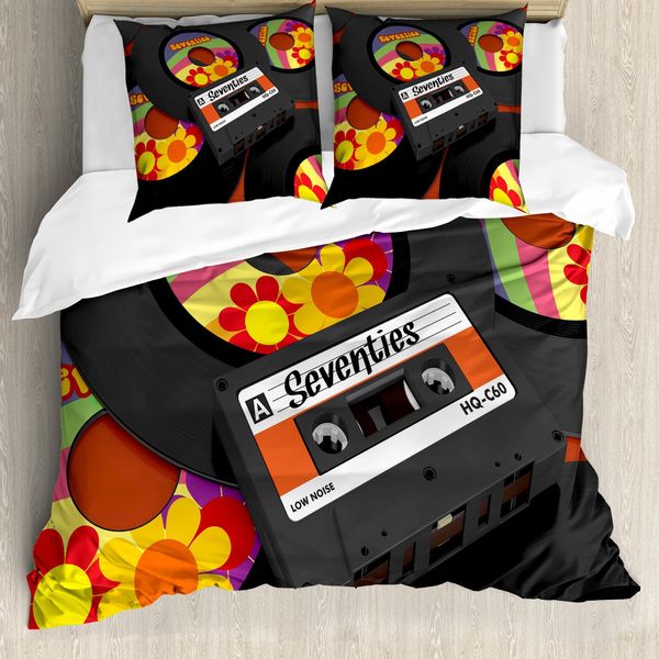 Abakuhaus Copripiumino 70S Party, Cassetta Vinile Anni '70, Antiacaro, Adatto A Chi Soffre Di Allergie, Con Federe, 155 Cm X 220 Cm - 80 X 80 Cm, Multicolore-image