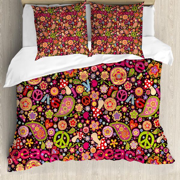 Abakuhaus Copripiumino 70S Party, Peace Love Joyful Vivid, Antiacaro E Anallergico, Con Federe, 155 Cm X 220 Cm - 80 X 80 Cm, Multicolore-image