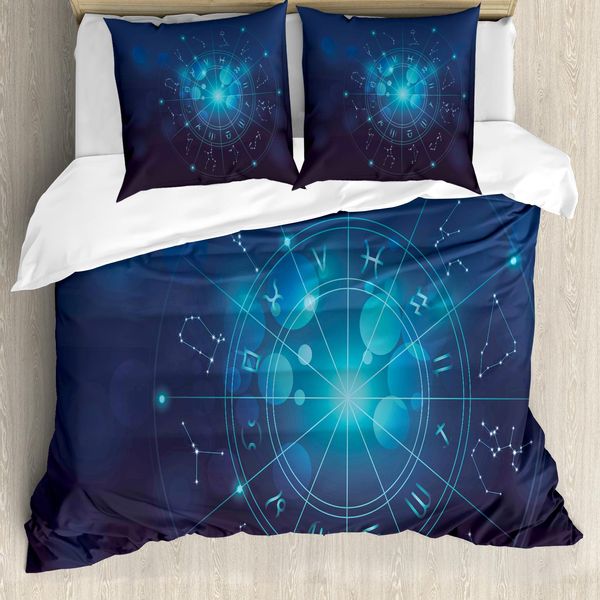 Abakuhaus Copripiumino Astrologia, Segni Zodiacali Nello Spazio, Antiacaro, Adatto A Chi Soffre Di Allergie, Con Federe, 200 Cm X 200 Cm - 80 X 80 Cm, Turchese-Blu E Bianco-image