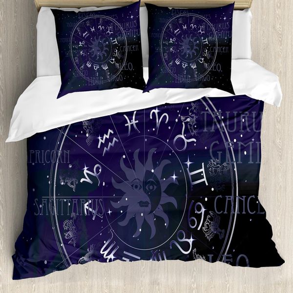 Abakuhaus Copripiumino Astrologia, Ruota Dello Zodiaco, Antiacaro, Adatto A Chi Soffre Di Allergie, Con Federe, 155 Cm X 220 Cm - 80 X 80 Cm, Blu Scuro E Bianco-image