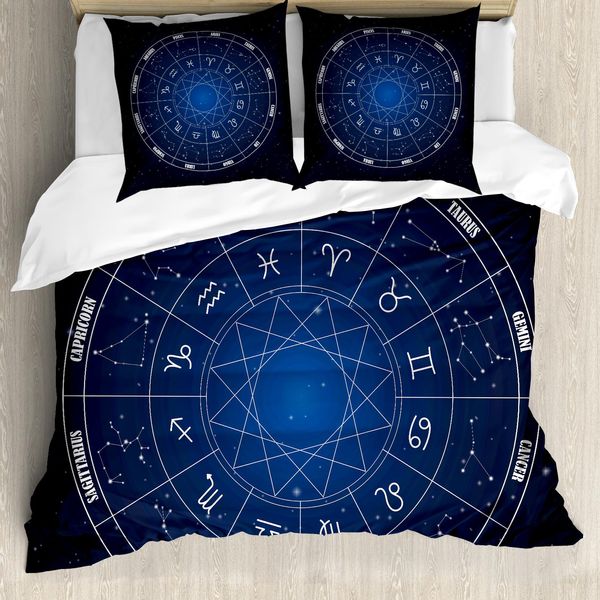 Abakuhaus Set Copripiumino Per Letti Matrimoniali, Segni Zodiacali Nello Spazio, Antiacaro, Adatto A Chi Soffre Di Allergie, Con Federe, Blu Scuro E Multicolore-image