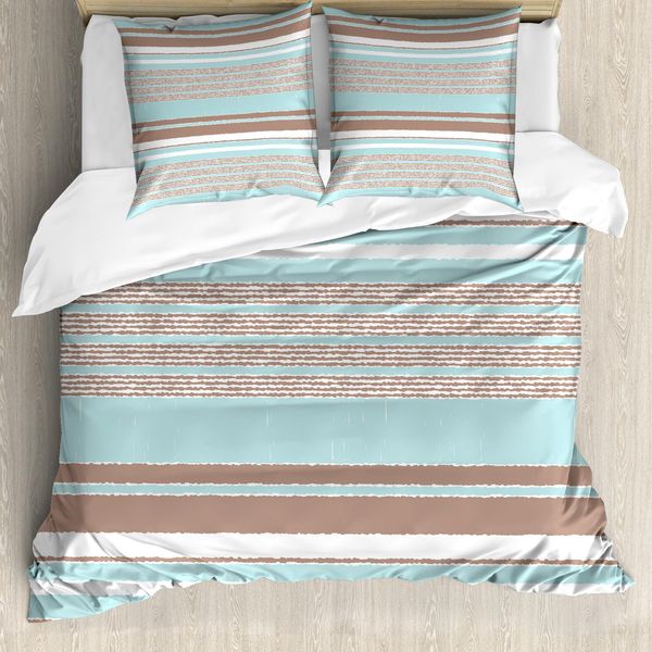 Abakuhaus Copripiumino, Righe Orizzontali, Antiacaro, Adatto A Chi Soffre Di Allergie, Con Federe, 200 Cm X 200 Cm - 80 X 80 Cm, Seafoam Umber E Bianco-image