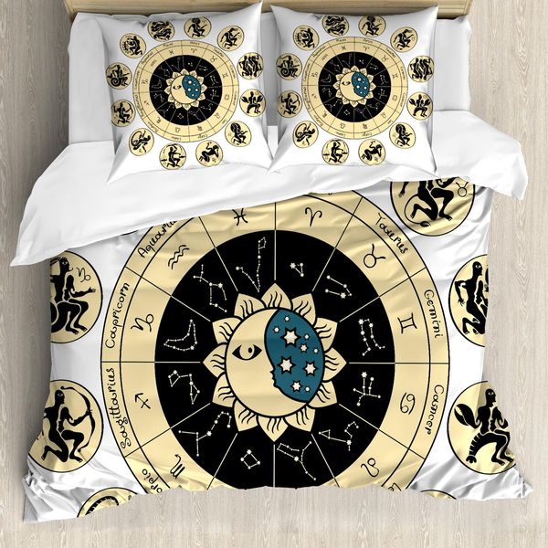 Abakuhaus Copripiumino Astrologia, Diagramma Zodiacale, Antiacaro, Adatto A Chi Soffre Di Allergie, Con Federe, 155 Cm X 220 Cm - 80 X 80 Cm, Bianco E Nero E Giallo-image