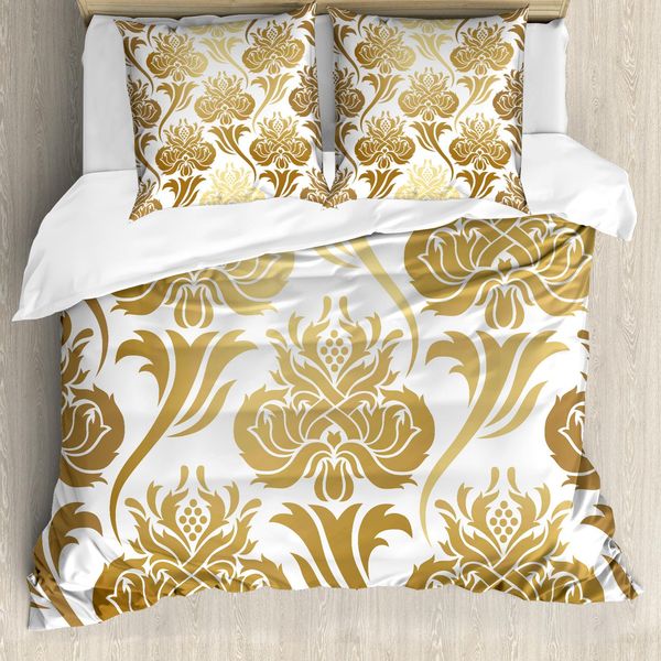 Abakuhaus Set Copripiumino In Damasco Per Letti Matrimoniali, Motivo Astratto Sfumato Con Fiori, Antiacaro, Adatto A Chi Soffre Di Allergie, Con Federe, Giallo Chiaro E Caramello-image