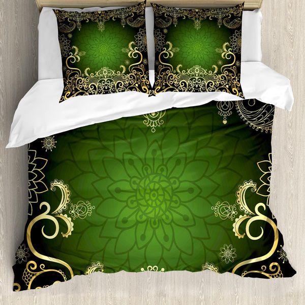 Abakuhaus Copripiumino Mandala, Cornice Lotus, Antiacaro, Adatto A Chi Soffre Di Allergie, Con Federe, 155 Cm X 220 Cm - 80 X 80 Cm, Verde Nero Giallo Chiaro-image