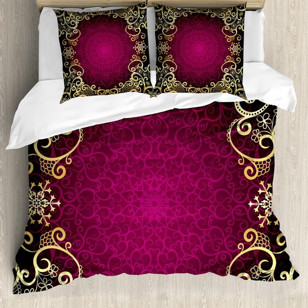 Abakuhaus Copripiumino Mandala, Cornice Viola Riccioli, Antiacaro, Adatto A Chi Soffre Di Allergie, Con Federe, 155 Cm X 220 Cm - 80 X 80 Cm, Giallo Pallido Fucsia-image