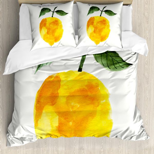 Abakuhaus Copripiumino Giallo E Arancione, Acquerello Limone, Antiacaro, Adatto A Chi Soffre Di Allergie, Con Federe, 200 Cm X 200 Cm - 80 X 80 Cm, Giallo Arancione Verde-image