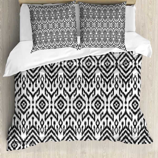 Abakuhaus Copripiumino Bianco E Nero, Scribble Ikat Kunst, Antiacaro E Anallergico, Con Federe, 155 Cm X 220 Cm - 80 X 80 Cm, Bianco E Grigio Scuro-image