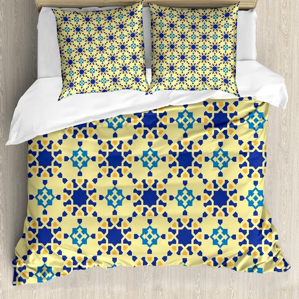 Abakuhaus Copripiumino Etnico, Motivo Folk Marocchino, Antiacaro, Adatto A Chi Soffre Di Allergie, Con Federe, 200 Cm X 200 Cm - 80 X 80 Cm, Viola, Blu, Giallo-image