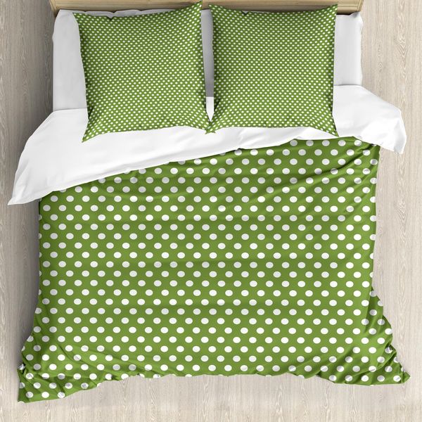 Abakuhaus Set Copripiumino A Pois Per Letti Matrimoniali, Pois Retrò Monocromatici, Antiacaro, Adatto A Chi Soffre Di Allergie, Con Federe, Verde Oliva E Bianco-image