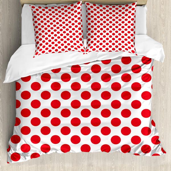 Abakuhaus Copripiumino Geometrico, Pop Art Retro Dots, Antiacaro, Adatto A Chi Soffre Di Allergie, Con Federe, 200 Cm X 200 Cm - 80 X 80 Cm, Scarlet Bianco-image