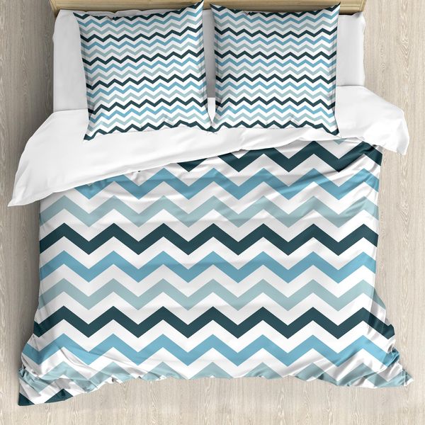 Abakuhaus Copripiumino Blu, Linea Ocean Zig Zag Chevron, Antiacaro E Anallergico, Con Federe, 200 Cm X 200 Cm - 80 X 80 Cm, Azzurro Blu Scuro-image