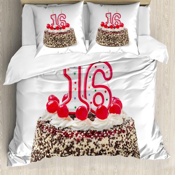 Abakuhaus 16° Compleanno Copripiumino, Candeline Per Torta Ciliegia, Antiacaro, Adatto A Chi Soffre Di Allergie, Con Federe, 200 Cm X 200 Cm - 80 X 80 Cm, Multicolore-image