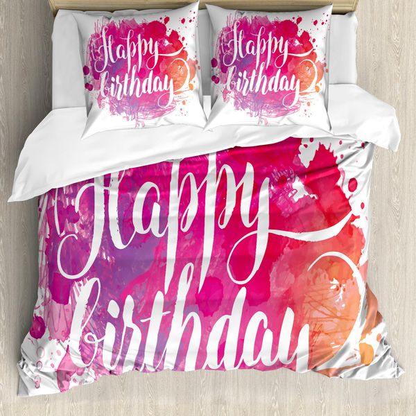Abakuhaus Copripiumino Compleanno, Testo Acquerellato "Compleanno"", Antiacaro, Adatto A Chi Soffre Di Allergie, Con Federe, 200 Cm X 200 Cm - 80 X 80 Cm, Rosa Rosso Arancione"-image