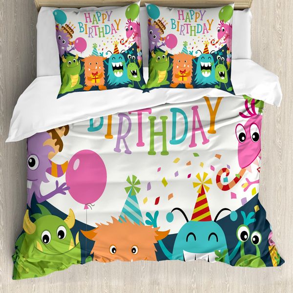 Abakuhaus Copripiumino Per Festa Di Compleanno, Monster Birthday, Antiacaro, Adatto A Chi Soffre Di Allergie, Con Federe, 200 Cm X 200 Cm - 80 X 80 Cm, Multicolore-image