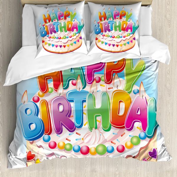 Abakuhaus Copripiumino Per Festa Di Compleanno, Torta Candeline Cuori, Antiacaro, Adatto A Chi Soffre Di Allergie, Con Federe, 200 Cm X 200 Cm - 80 X 80 Cm, Multicolore-image
